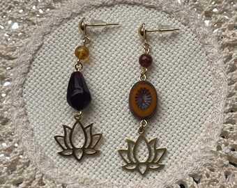 Beaded Dangle Earrings With Amber and Garnet - Lotus Flower Earrings