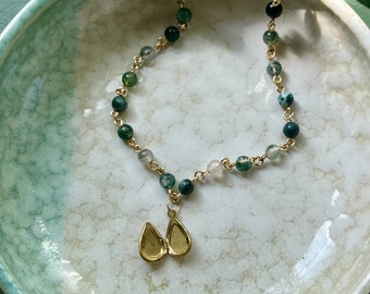 Moss agate super tiny teardrop locket necklace