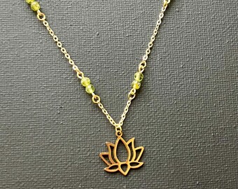 Lotus flower necklace with peridot beads 22inch gold plated