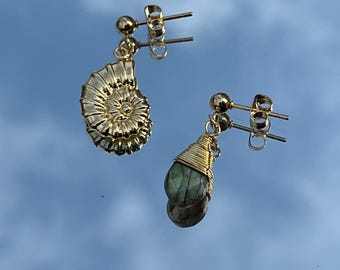 Asymmetrical Gold Plated Earrings With Ammonite Charm And Labradorite Drop