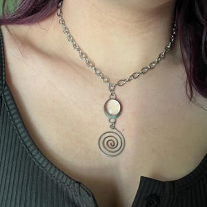 Upcycled Spiral Necklace Stainless Steel Chain - Glass Charm Pendant, Witchy Jewelry, Charm necklace