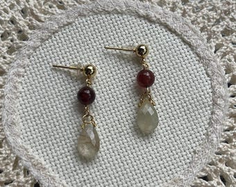 Gold Quartz & Hessonite Earrings - Natural Gemstone Dangle Earrings