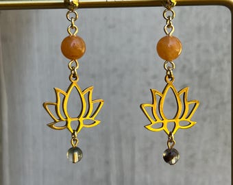 Orange Aventurine & Rutilated Quartz Earrings – Gold Lotus Flower Dangles