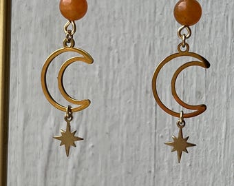 Orange Aventure Celestial Earrings - Moon & Star Earrings