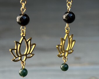 Obsidian & Moss Agate Lotus Earrings - 24k Gold Plated