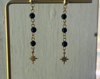 Black Onyx Dangle Drop Earrings - Celestial Star Earrings - PVD Gold Plated Earrings