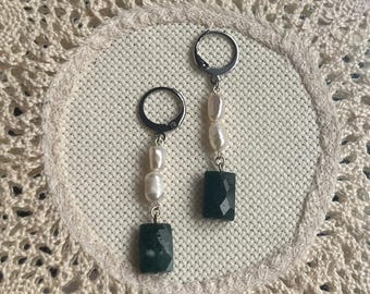 Moss Agate & Pearl Dangle Earrings - Stainless Steel Hoops