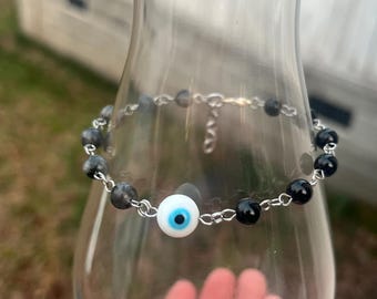 Evil Eye Protection Bracelet With Larvikite and Obsidian