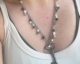 Prehnite Pearl Key Pendant Necklace: Stainless Steel Chain