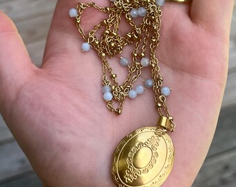 Aquamarine Locket Necklace - PVD Gold Plated Locket - Gemstone Jewelry