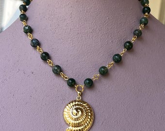 Ammonite Pendant Necklace With Moss Agate - Beaded Pendant Necklace - Fairycore jewelry