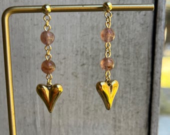 Strawberry Quartz Dangle Earrings – 24k Gold Plated Heart Charms