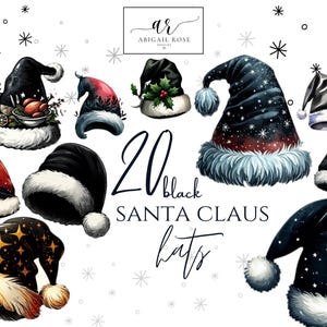 Chapéus de Papai Noel Pretos Clipart - Chapéu de Papai Noel Preto Download - Download Instantâneo - Natal Moderno e Elegante - Papai Noel Elegante - Recatado - Monocromático