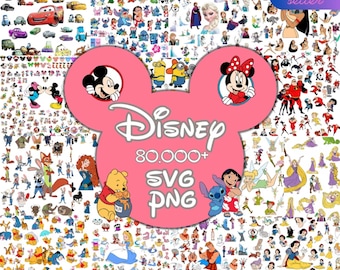 Plus de 80 000 méga fichiers Svg Bundle Cricut en couches, Mickey Mouse, Minnie, la reine des neiges, Moana, Ariel, Elsa, Stitch, Toy Story, ourson PNG SVG