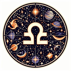 Puede incluir: Un diseño circular que presenta el símbolo del zodíaco de Libra en color crema sobre un fondo azul oscuro. El símbolo está rodeado de una constelación de estrellas, planetas y cuerpos celestes en tonos naranja y crema.