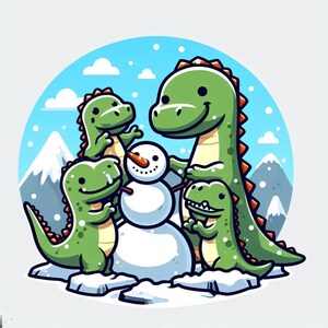 Dinosaurs Building A Snowman Sticker | Waterproof, UV Resistant, Vinyl Decal