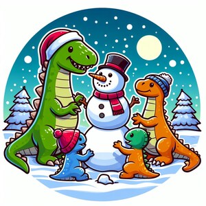 Dinosaurs Building A Snowman Sticker | Waterproof, UV Resistant, Vinyl Decal