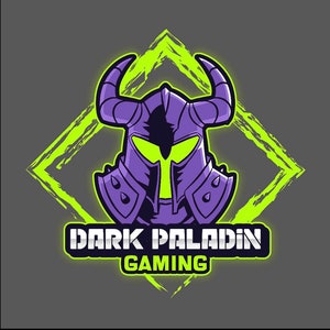 May include: A purple and green gaming logo with a stylized helmet and horns. The text "DARK PALADIN GAMING" is below the helmet.