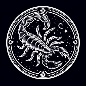 Puede incluir: Ilustración en blanco y negro de un escorpión dentro de un círculo con un patrón de estrellas. El escorpión está detallado y tiene una apariencia texturizada.