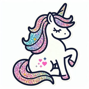 May include: A white unicorn with a rainbow glitter mane and tail. The unicorn has closed eyes and a pink heart on its side.