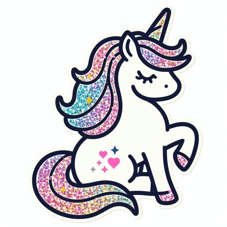 May include: A white unicorn with a rainbow glitter mane and tail. The unicorn has closed eyes and a pink heart on its side.