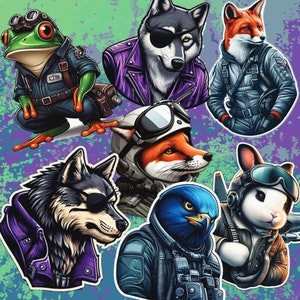 May include: A colorful illustration of various animals wearing aviator goggles and jackets. A green frog, a wolf, a fox, a bird, and a rabbit are all depicted in a cartoon style.