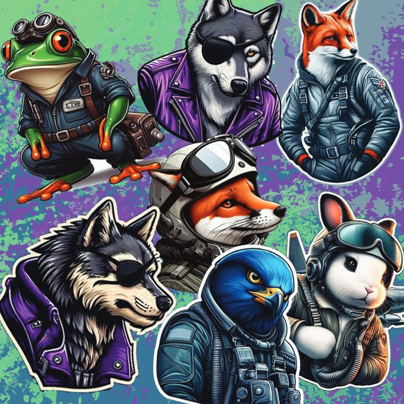 May include: A colorful illustration of various animals wearing aviator goggles and jackets. A green frog, a wolf, a fox, a bird, and a rabbit are all depicted in a cartoon style.