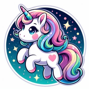 May include: A cartoon unicorn with a rainbow mane and tail, a pink heart on its side, and a gold horn. The unicorn is standing on a dark blue background with white stars.