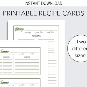 Cartes de recettes imprimables | Deux tailles de carte de recette différentes | Petites et grandes fiches de recettes