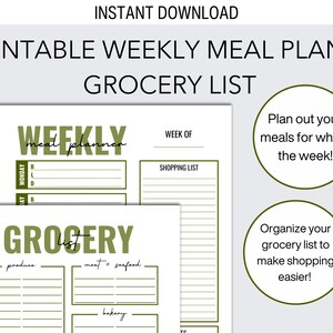 Weekly Meal Plan and Grocery List Printable | Weekly Meal Planner and separate Grocery List