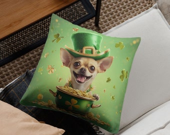 Almohada chihuahua del día de San Patricio, almohada y funda chihuahua, regalo de cumpleaños para el dueño de chihuahua, mamá chihuahua, regalo de mamá chihuahua