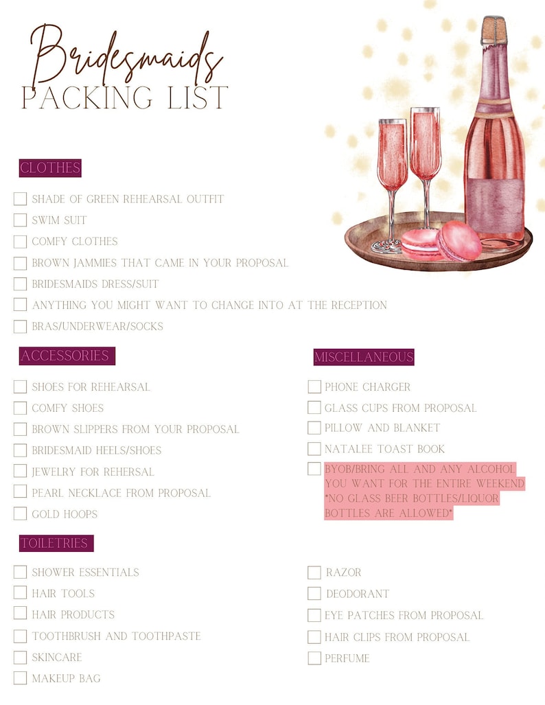 Bridesmaid Packing List Etsy