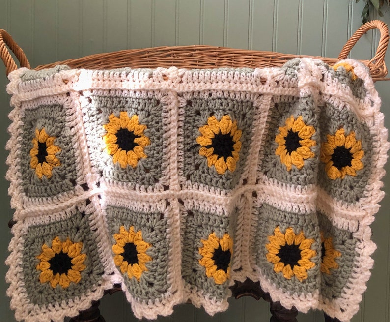 Sweet Sunflower Baby Blanket crochet baby blanket pattern listing photo by CozyBlueFarmhouse