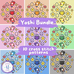 Yoshi Bundle Version Easy Cross Stitch Pattern For Beginners, Nintendo Videogame, Retro Embroidery Cute Cozy DIY (Instant Digital Download)