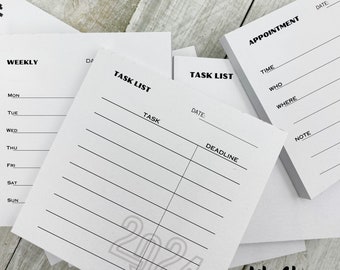 May include: Four white notepads with black text and lines. The notepads are stacked on top of each other. The top notepad has the title "Appointment" and includes the headings "Date", "Time", "Who", "Where", and "Note". The second notepad has the title "Task List" and includes the headings "Date", "Task", and "Deadline". The third notepad has the title "Task List" and includes the headings "Date", "Task", and "Deadline". The bottom notepad has the title "Weekly" and includes the headings "Mon", "Tue", "Wed", "Thu", "Fri", "Sat", and "Sun". The notepads have a gray 2024 printed on the bottom right corner.
