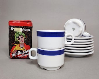 Vintage Jugokeramika Espresso Cups, Saucers, Milk Pot, Blue Stripe Yugoslavia