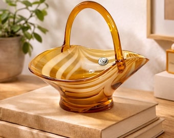 Rare Yugoslav Art Glass Basket, Amber Swirl Bowl with Handle, Mid Century Decor