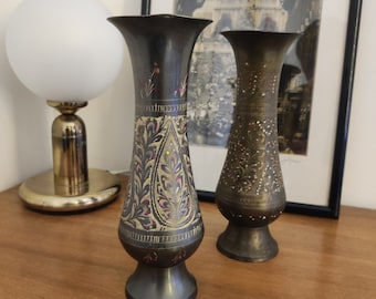Pair of Handcrafted Copper-Style Vases with Ornate Hand-Painted Designs - Vintage Elegance for Your Home