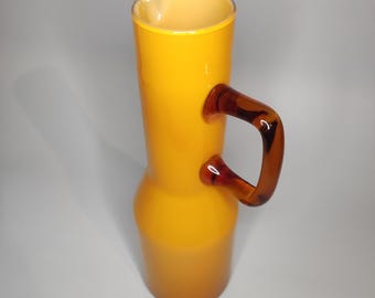 Vintage Orange Glass Pitcher, Hand-Blown Vase, Mid-Century Modern Amber Handle