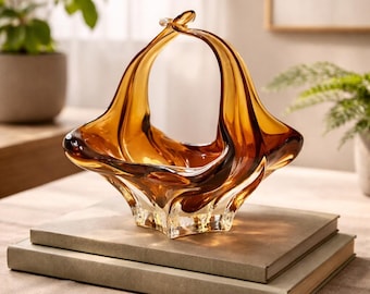 Vintage Amber Art Glass Basket, Mid Century Murano Style Bowl