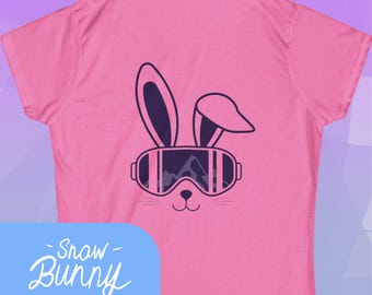Camiseta de mujer Snow Bunny, manga corta, snowboard, invierno, conejo, montañas, gafas, viajes, diversión, lindo