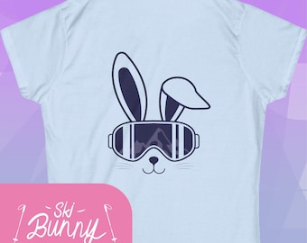 Camiseta de mujer Ski Bunny, manga corta, esquí, invierno, conejo, montañas, gafas, viajes, diversión, lindo