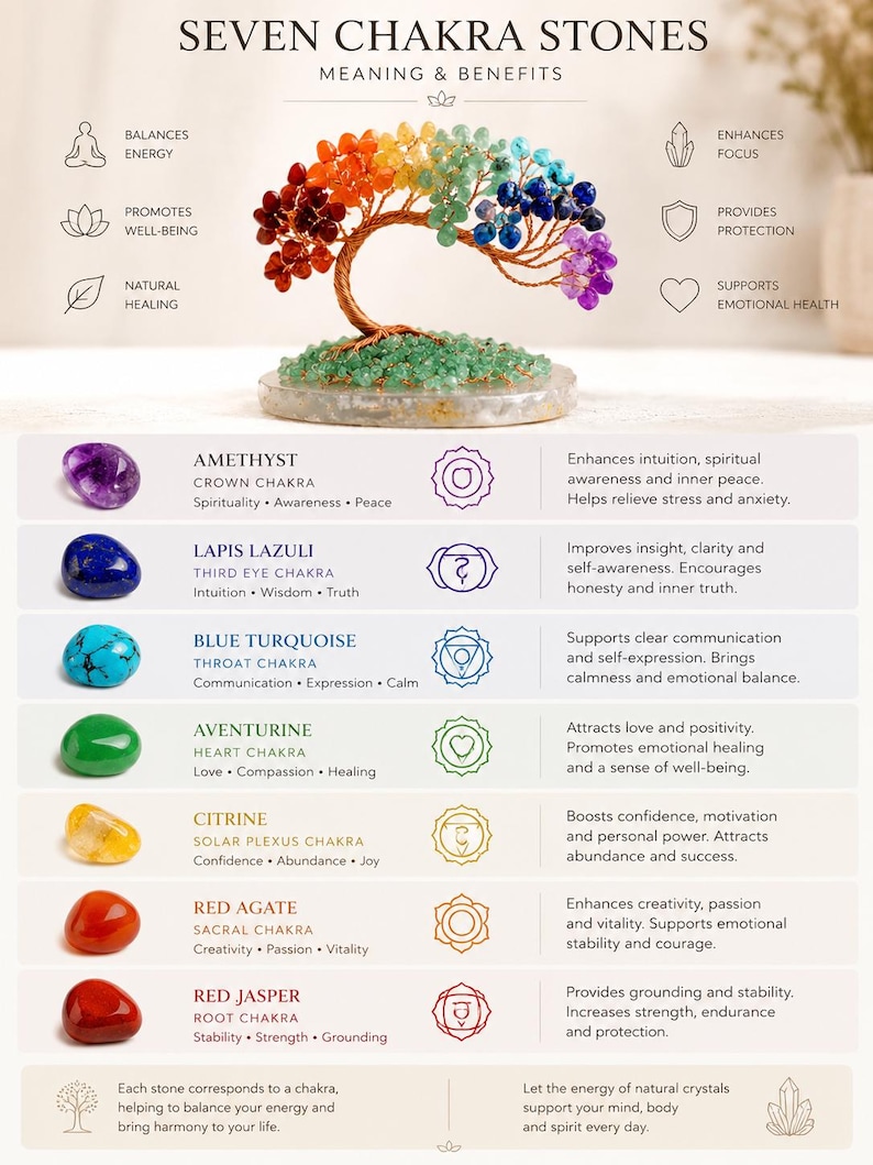 May include: An informational graphic titled "SEVEN CHAKRA STONES" with a tree sculpture made of colorful gemstones. The graphic lists the meaning and benefits of each chakra stone, including Amethyst, Lapis Lazuli, Blue Turquoise, Aventurine, Citrine, Red Agate, and Red Jasper.