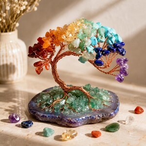 May include: A decorative tree sculpture with a copper wire trunk and branches, adorned with colorful gemstones. The gemstones are arranged in a rainbow pattern, with a base of green stones set on a blue and purple agate slice. Additional gemstones are scattered around the base.