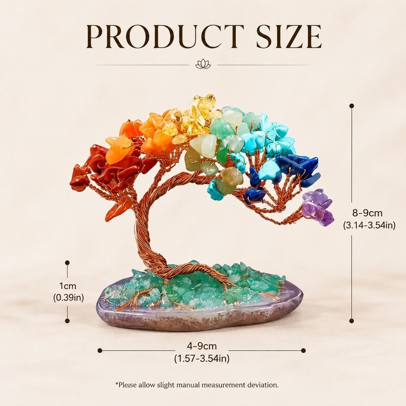 May include: A decorative tree sculpture made of copper wire and colorful gemstones. The tree's branches are adorned with various colored stones, including red, orange, yellow, green, blue, and purple. The base is a polished stone, and the tree measures 3.14-3.54 inches in height.