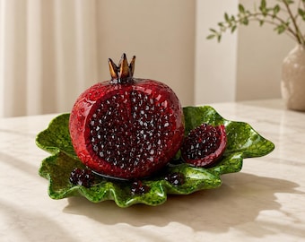 Ceramic Pomegranate Decor Plate, Mediterranean Fruit Sculpture, Green Leaf Tray