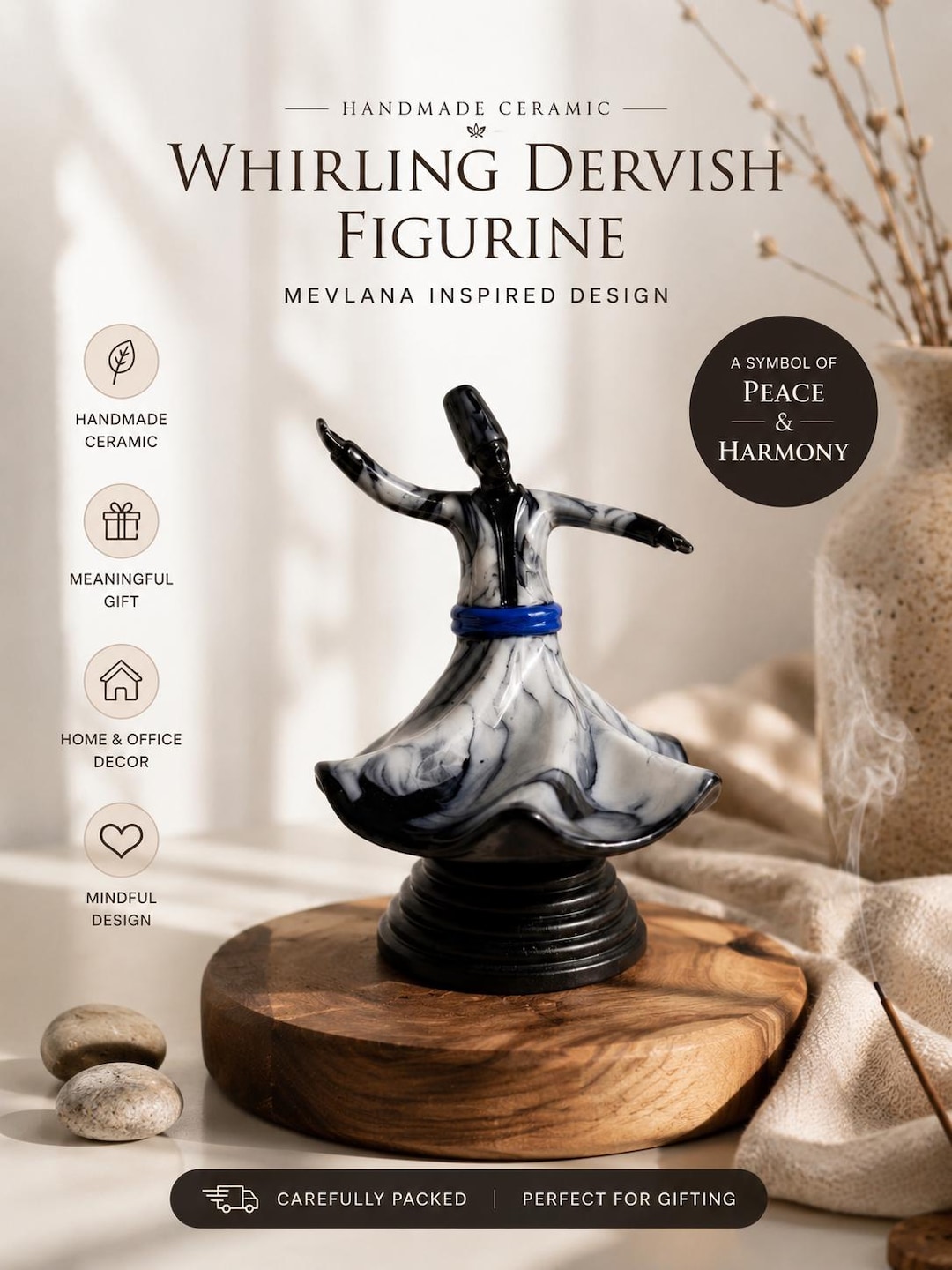 Handmade Marble Pattern Whirling Dervish Figurine: Sufi Dancer