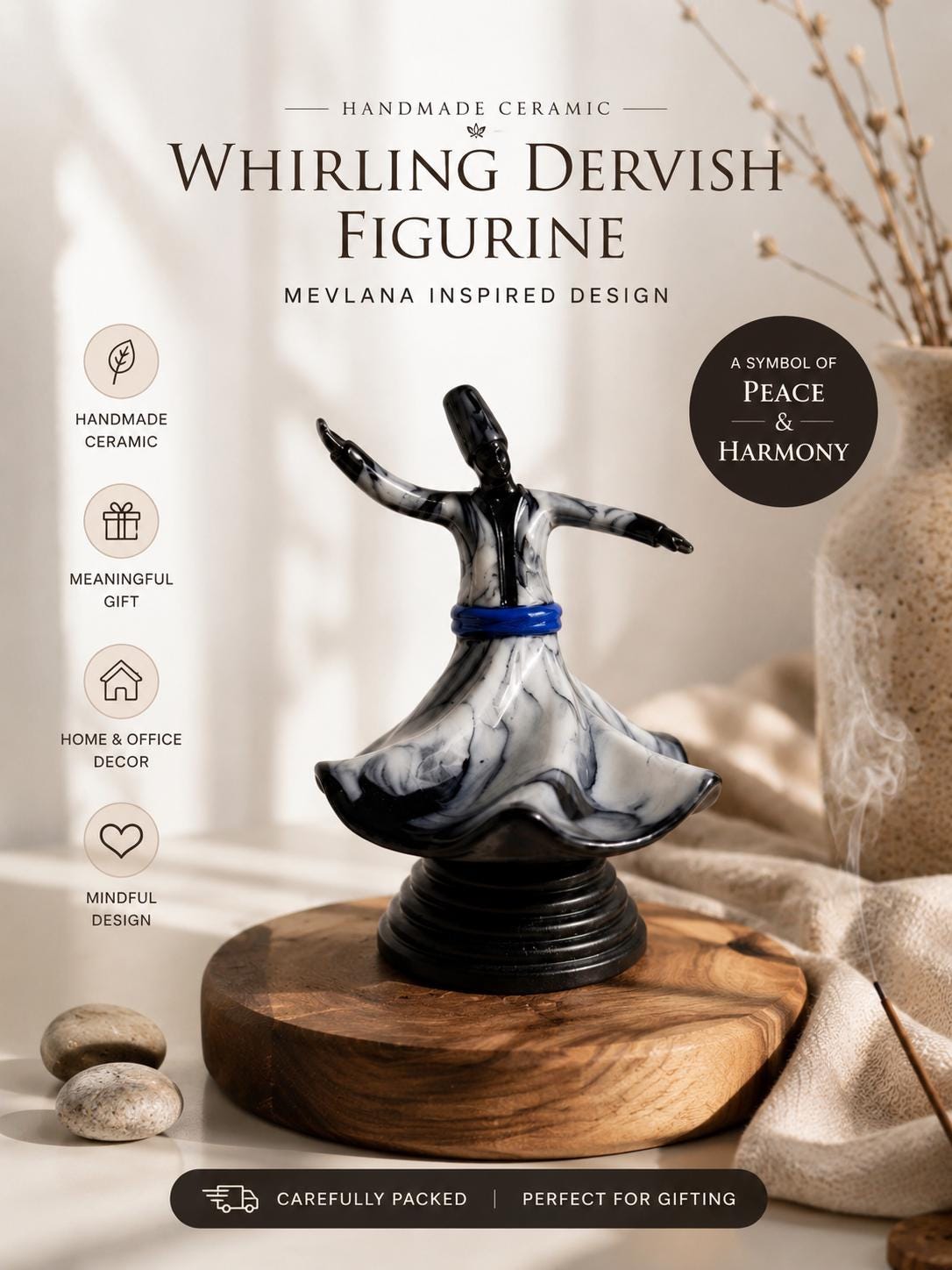 Handmade Marble Pattern Whirling Dervish Figurine: Sufi Dancer