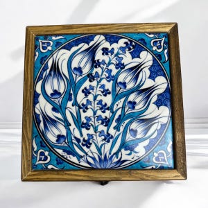 Handmade Blue Ceramic Tile Jewelry Box - Turkish Ottoman Design Wooden Storage Box | Turkish Gift Box | Valentine’s Day Gifts