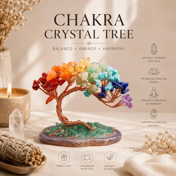 Seven Chakra Crystal Tree, Healing Stones Decor, Spiritual Gift For Women, Meditation Room Aesthetic | Reiki Decor